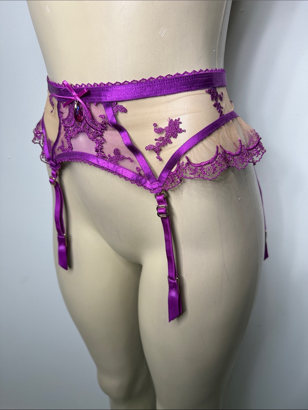 Honey Birdette Madison Violet Lace Garter Belt with Satin Straps NWOT - Picture 2 of 8